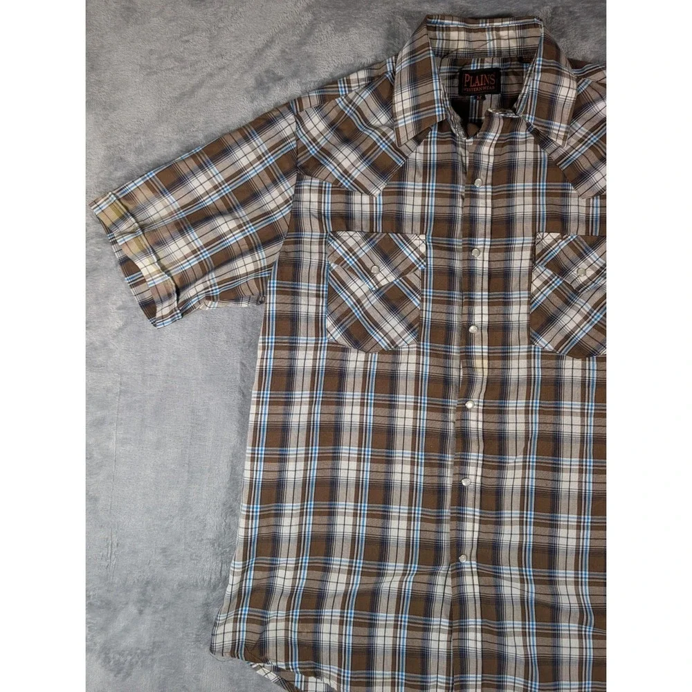 Plains Western Wear Mens Brown Blue Plaid Short Sleeve Pearl Snap Shirt Medium - Picture 3 of 12